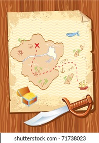 Old parchment with pirate map and dagger- vector illustration.