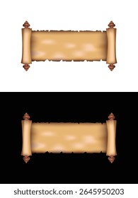 An old parchment scroll against a transparent background. The scroll is aged and slightly torn, with wooden rollers on either side. Ideal for historical, fantasy, or vintage themed designs. 