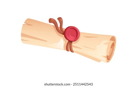 Old parchment scroll. Ancient paper roll, papyrus tied with rope and wax seal. Medieval document. Historical letter, weathered manuscript. Flat vector illustration isolated on white background