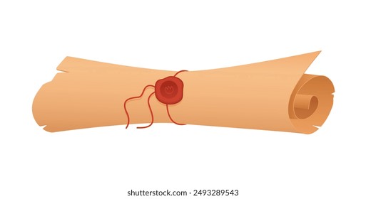 Old parchment scroll roll sealed with ancient wax seal on red rope vector illustration