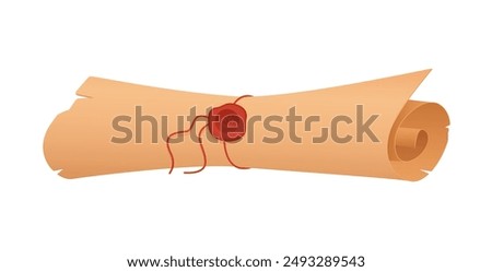 Old parchment scroll roll sealed with ancient wax seal on red rope vector illustration