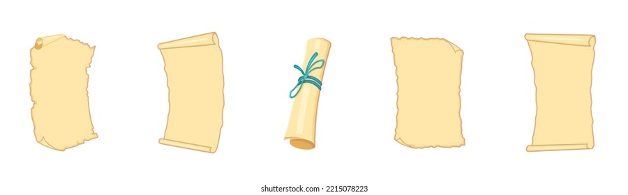 Old parchment. Scroll of vintage map tied with ribbon. Set of different medieval papers. Vector illustration of fabulous backgrounds for text.