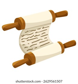 Old parchment scroll with wooden handles unrolled and filled with text, cartoon style, isolated on white background. Concept of history and knowledge. Vector illustration