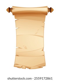 Old parchment scroll with wooden rods and torn edges for text or decoration purposes. Vector cartoon illustration