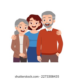 old parent standing with adult young child and smile