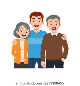 old parent standing with adult young child and smile