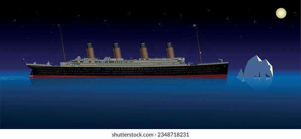 Old passenger cruise ship RMS Titanic on the background of the night sky. Sea transport.  Vector illustration