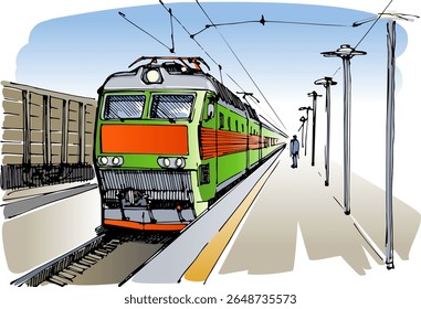 Locomotiva de Passageiros Antiga na Plataforma - Esboço desenhado à mão. Conceito de viagem ferroviária. Ilustração artesanal, não-AI