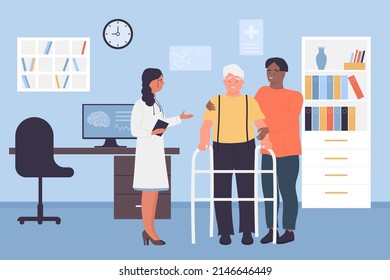 Old patient with young volunteer on doctors appointment in geriatric clinic. Recovery physical therapy, medical care and help for elderly people in hospital vector illustration. Medicine concept