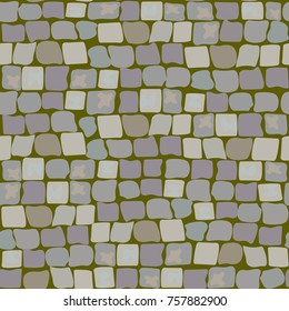 Old Paving Stones with moss and turf. Road Texture seamless pattern. wall of stone, cobbled street with grass