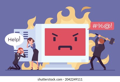 Old pc, computer frustration, error, system problem. Frustrated office workers, clerk in panic with device fire, crash, hardware failure, software stop working, angry face monitor. Vector illustration