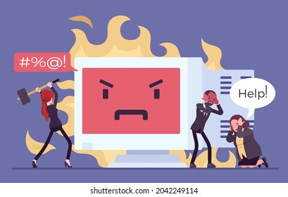 Old Pc, Computer Frustration, Error, System Problem. Frustrated Office Workers, Clerk In Panic With Device Fire, Crash, Hardware Failure, Software Stop Working, Angry Face Monitor. Vector Illustration