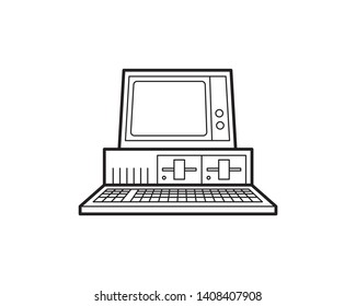 Old PC desktop computer retro vintage oldschool. technology, gaming, entertainment, line art icons, symbols, logos, drawings, illustrations, signs, doodles for web, business, online