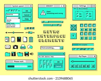 Old Pc Elements. 1990s Technology, Computer Graphics Interface Console. Vintage Internet Bar Style, Retro 80s Trendy Geek Web Window Tidy Vector Design