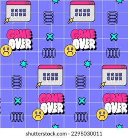 Old PC Game Over nostalgia seamless pattern on purple background. Trendy 80s-00s repeat vector backdrop illustration.