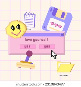 Old pc groovy game 90s aesthetic. Pixel icons, diskette, joystick, dialog boxes. Poster with vaporwave and retrowave style elements.