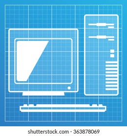 Old PC Icon On Blueprint Paper. Vector Illustration.
