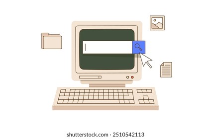 Antiguo PC con monitor y teclado. Ordenador vintage retro. Elementos de diseño aislados. Ventana de Búsqueda. Ilustración vectorial