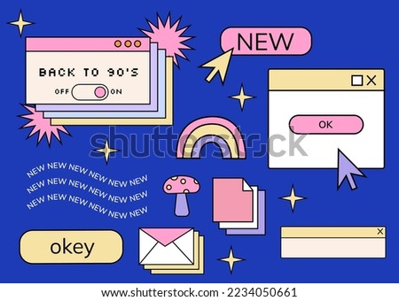 Old Pc retro set of windows and icons. Retro computer aesthetic hand drawn illustrations.Back to 90s line elements. Letter icon, computer pop-ups, computer arrow