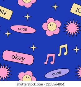 Old Pc seamless pattern with old pc elements. Daisy flower, music note, stars, speech bubble. Retro computer aesthetic background. 90s game style texture