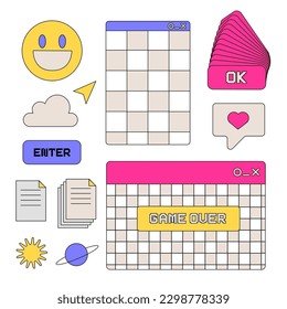 Old PC user interface. Funny set of flat linear UI and UX elements - game over, button, modal window. Collection of OS messages, notifications, widgets.Trendy cover in 80s-90s style. Vector design