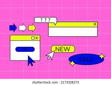 Old pc window 90s set. Retro web electronic icons set. 1990 vibe vector illustrations. Retro game style