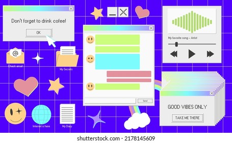 Old pc window 90s. Vector ui element with vaporwave. Retro dialog interface and music player template. Gui folder and text document icon.