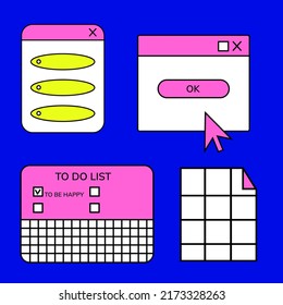 Old pc windows 90s style set of stickers. Old computer aesthetic. Web electronic icons . 1990 vibe vector illustrations. Retro game 90s style