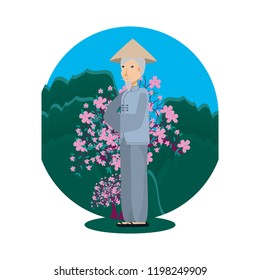 old peasant with chinese tree and landscape natural