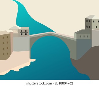 Old pedestrian arch bridge over the Neretva river in the city of Mostar, Bosnia and Herzegovina, vector illustration