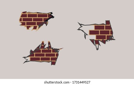 Old peeling grey wall with cracks where reddish-brown bricks are seen in eps