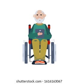Old pension is sitting on the wheelchair. Disabled Senior man reads on laptop. Grandpa calls his grandkids online