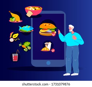 Old Pensioner Man Ordering Food Dishes Online.Smartphone Application Restaurant Menu.Catering Service. Buy Meal at Home,Receive Home Delivery,Quarantine. Digital Technologies. Flat Vector Illustration