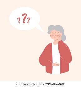 Old Pensive Grandmother Character Trying to Remember smth. Senior African Woman Suffer of Alzheimer Disease, Mental Problems, Struggle with Brain Geriatric Illness. Cartoon People Vector Illustration