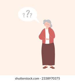 Old Pensive Grandmother Character Trying to Remember smth. Senior African Woman Suffer of Alzheimer Disease, Mental Problems, Struggle with Brain Geriatric Illness. Cartoon People Vector Illustration