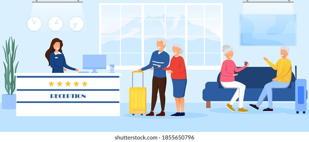 Old people accommodation in hotel. Hotel booking concept. Service on vacation. Old people came to rest. Rest at resort for elderly. Cartoon flat vector illustration