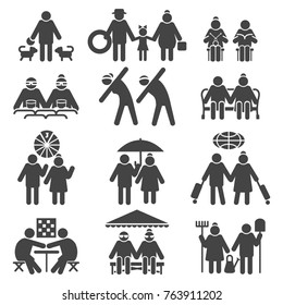 Old people active lifestyle. Elderly couple leisure, retired sports and tourism, grandchildren and health signs, vector icons set
