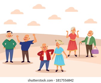 old people active seniors characters in the camp scene vector illustration design
