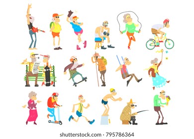 Old People Activities, Flat Vector Illustration Set