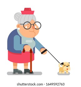 Old people activities grandmother walk the dog granny old lady character flat design vector illustration