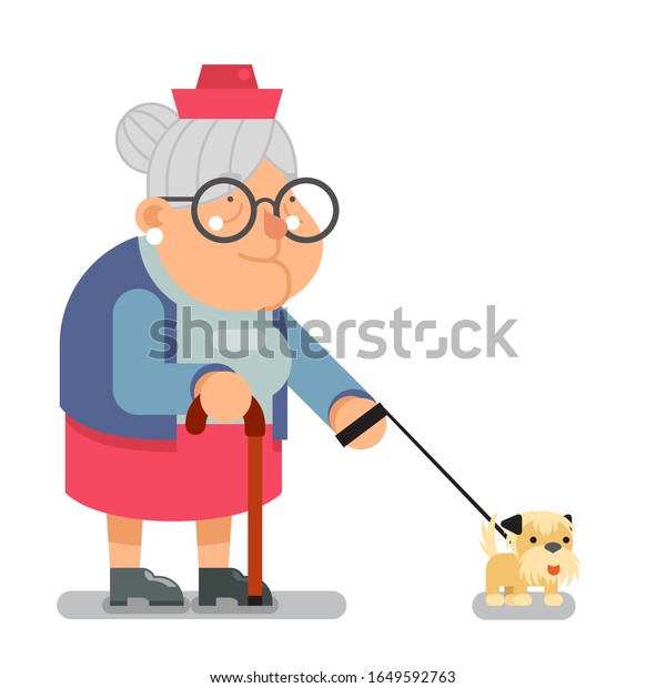 老人活動の祖母が犬のおばあちゃんのおばあさんを歩く姿 おばあさんのキャラクターフラットデザインベクターイラスト のベクター画像素材 ロイヤリティフリー