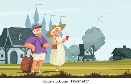 Old people activity flat cartoon composition travelling senior couple outdoor with castle on background vector illustration