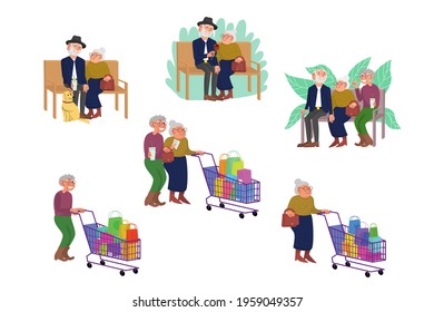 Old people activity set. Sitting in park on a bench with friends, walking in shop. Isolated on white background. Stock vector illustration.