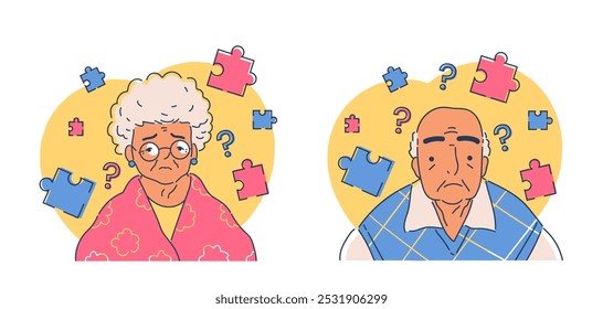 Personas mayores con enfermedad de Alzheimer. Hombre y mujer mayores con rompecabezas. Personas mayores con demencia y problemas de memoria. Salud y medicina. Ilustración vectorial lineal aislada sobre fondo blanco