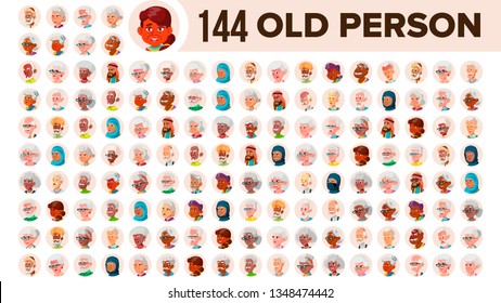 Old People Avatar Set Vector. Multi Racial. Face Emotions. Multinational User Person Portrait. Elderly Male, Female. Ethnic. Icon. Asian, African, European, Arab. Flat Illustration