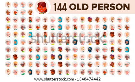 Old People Avatar Set Vector. Multi Racial. Face Emotions. Multinational User Person Portrait. Elderly Male, Female. Ethnic. Icon. Asian, African, European, Arab. Flat Illustration