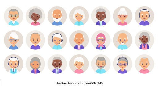 Old people avatar. Vector.  Elderly person, seniors icons in flat design. Set happy grandfathers and grandmothers faces. Group retired grandparents characters isolated in circles. Cartoon illustration