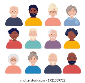 Old people avatars. Elderly characters portraits faces for cv or id documents vector flat web avatars