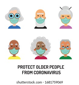 Old people avatars  set with protection from corona virus. Flat vector characters