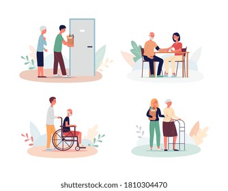 Old people care and support topic set of scenes with cartoon characters, flat vector illustration isolated on white background. Social workers supporting elderly persons.